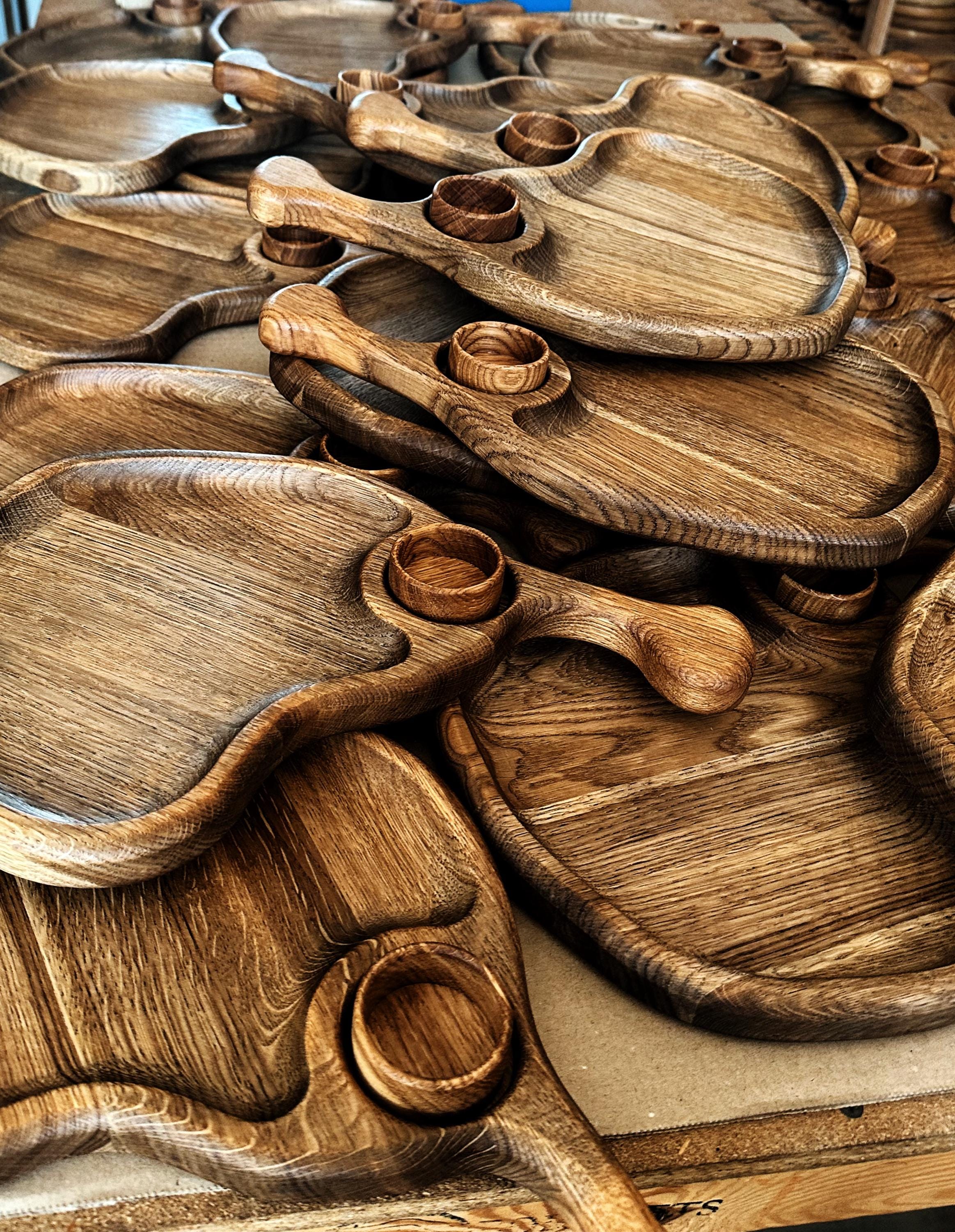 Set Of 10 Wooden Serving Boards With Sauce Section, Handcrafted Oak Appetizer Trays For Cheese, Dips Or Snacks, Rustic Kitchen Or Gift Idea