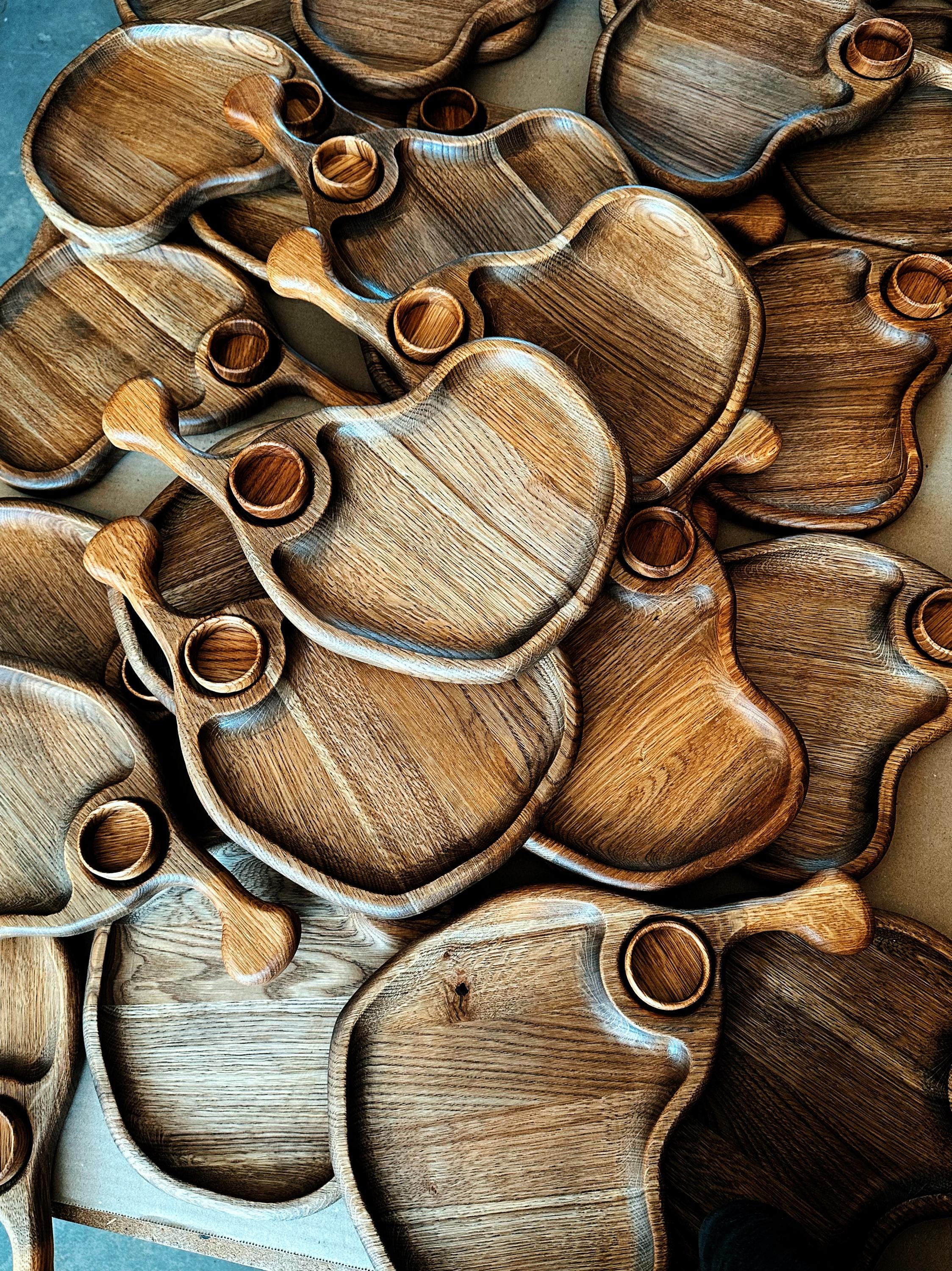 Set Of 10 Wooden Serving Boards With Sauce Section, Handcrafted Oak Appetizer Trays For Cheese, Dips Or Snacks, Rustic Kitchen Or Gift Idea