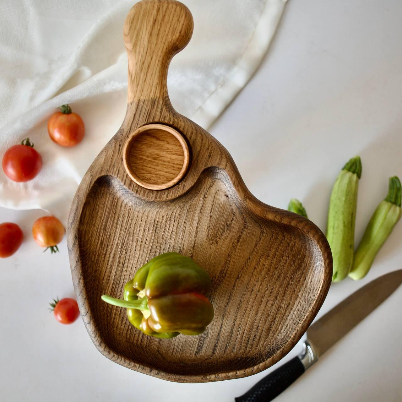 Set Of 10 Wooden Serving Boards With Sauce Section, Handcrafted Oak Appetizer Trays For Cheese, Dips Or Snacks, Rustic Kitchen Or Gift Idea