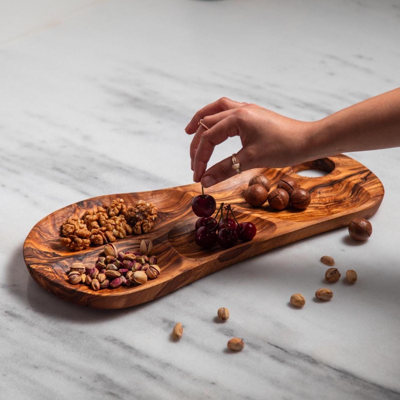 Handmade Olive Wood Snack Tray - Freeform Charcuterie Dish With 4 Sections - Natural Snack & Charcuterie Board - Organic Serving Platter