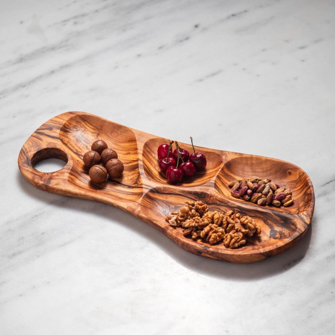 Handmade Olive Wood Snack Tray - Freeform Charcuterie Dish With 4 Sections - Natural Snack & Charcuterie Board - Organic Serving Platter