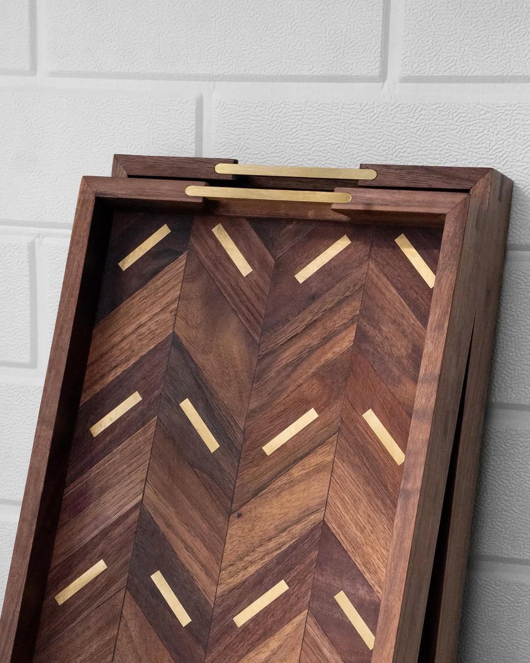 Personalized Wooden Tray With Brass Inlay, Walnut Serving Tray With Handles, Elegant Tea Or Ottoman Tray, Gift For Housewarming Or Wedding