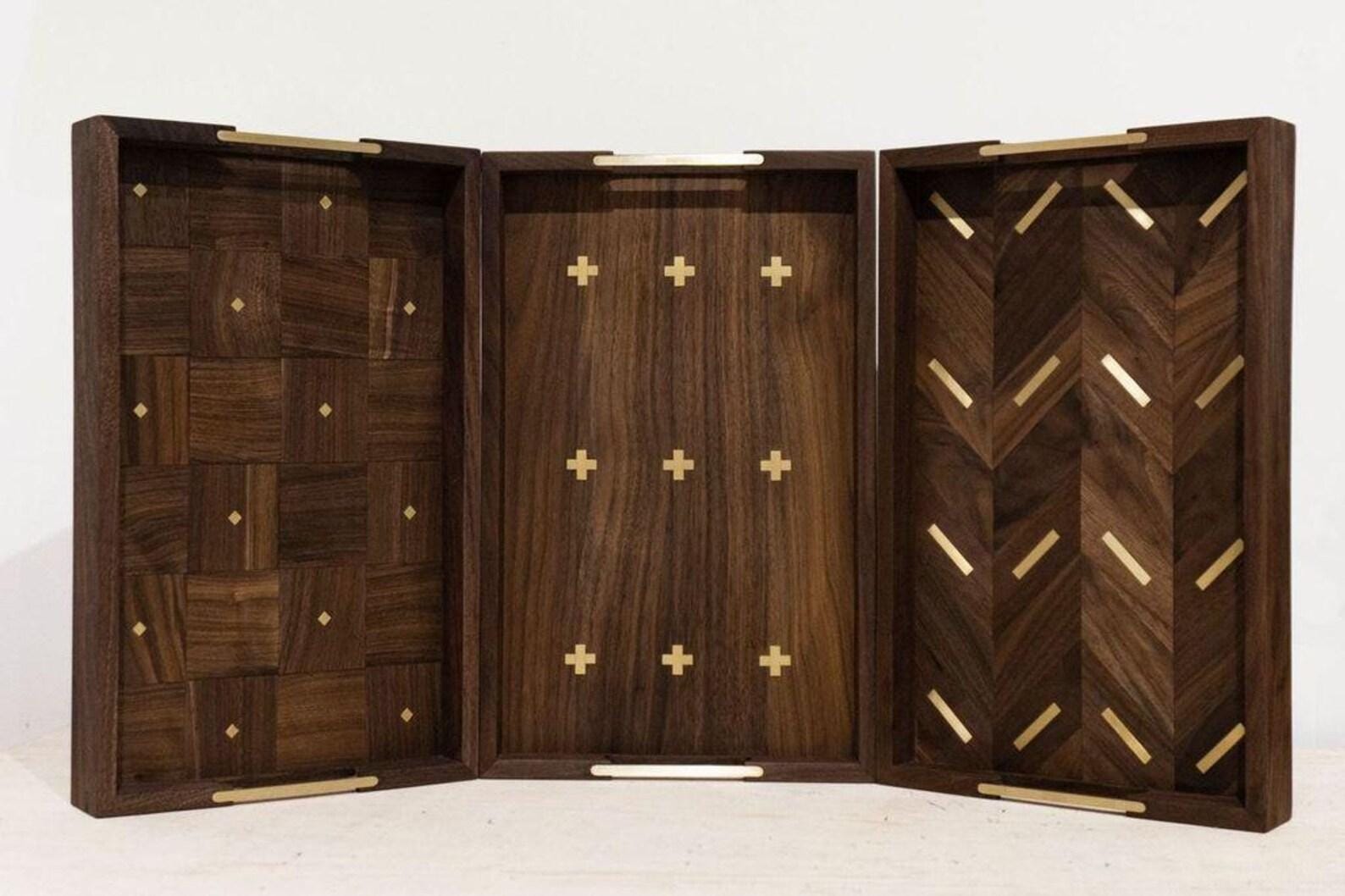 Personalized Wooden Tray With Brass Inlay, Walnut Serving Tray With Handles, Elegant Tea Or Ottoman Tray, Gift For Housewarming Or Wedding