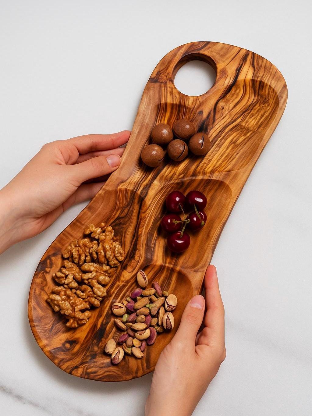 Handmade Olive Wood Snack Tray - Freeform Charcuterie Dish With 4 Sections - Natural Snack & Charcuterie Board - Organic Serving Platter
