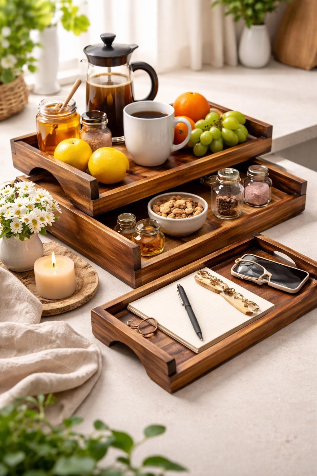 Handmade Wooden Serving Tray Set | Rustic Kitchen Organizer (set Of 3)