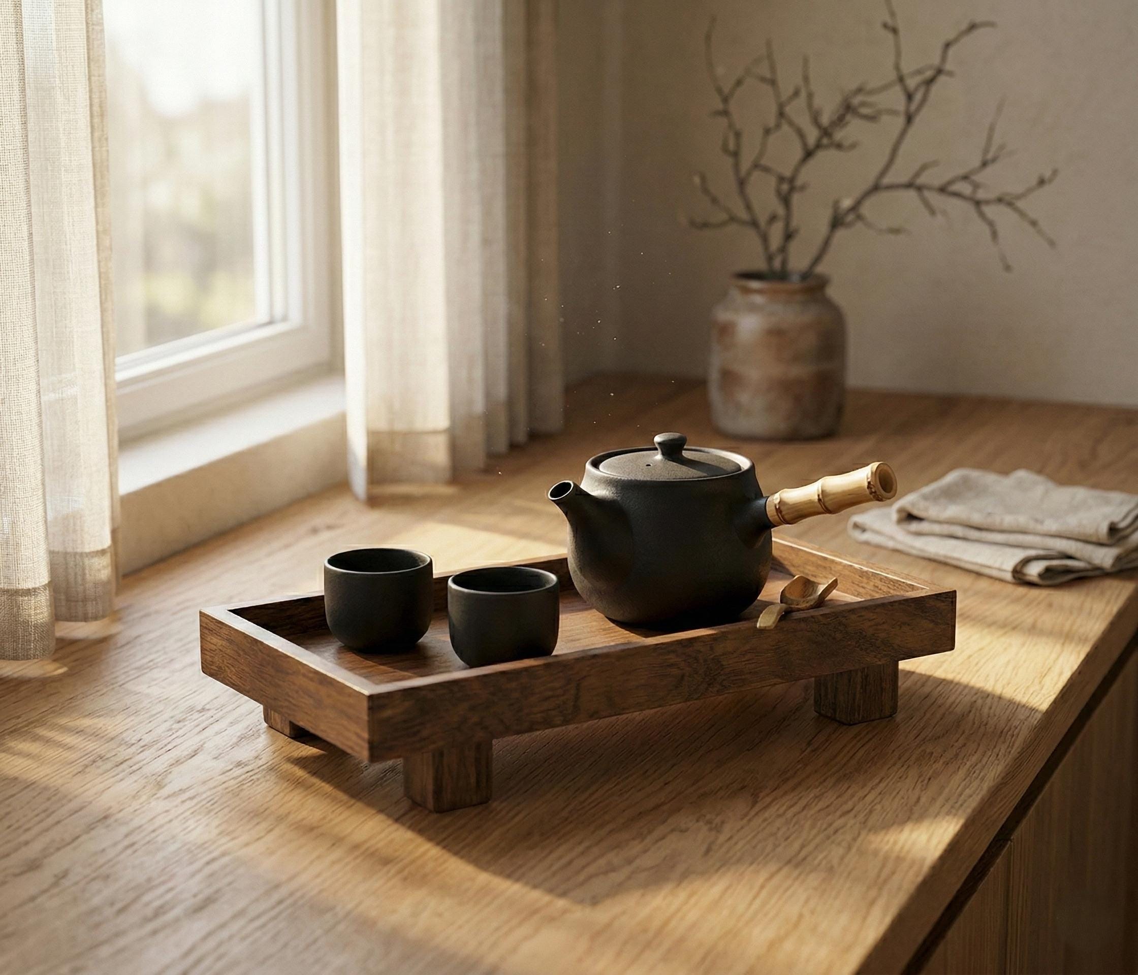 Minimalist Wood Pedestal Tray - Japandi Coffee Table Decor