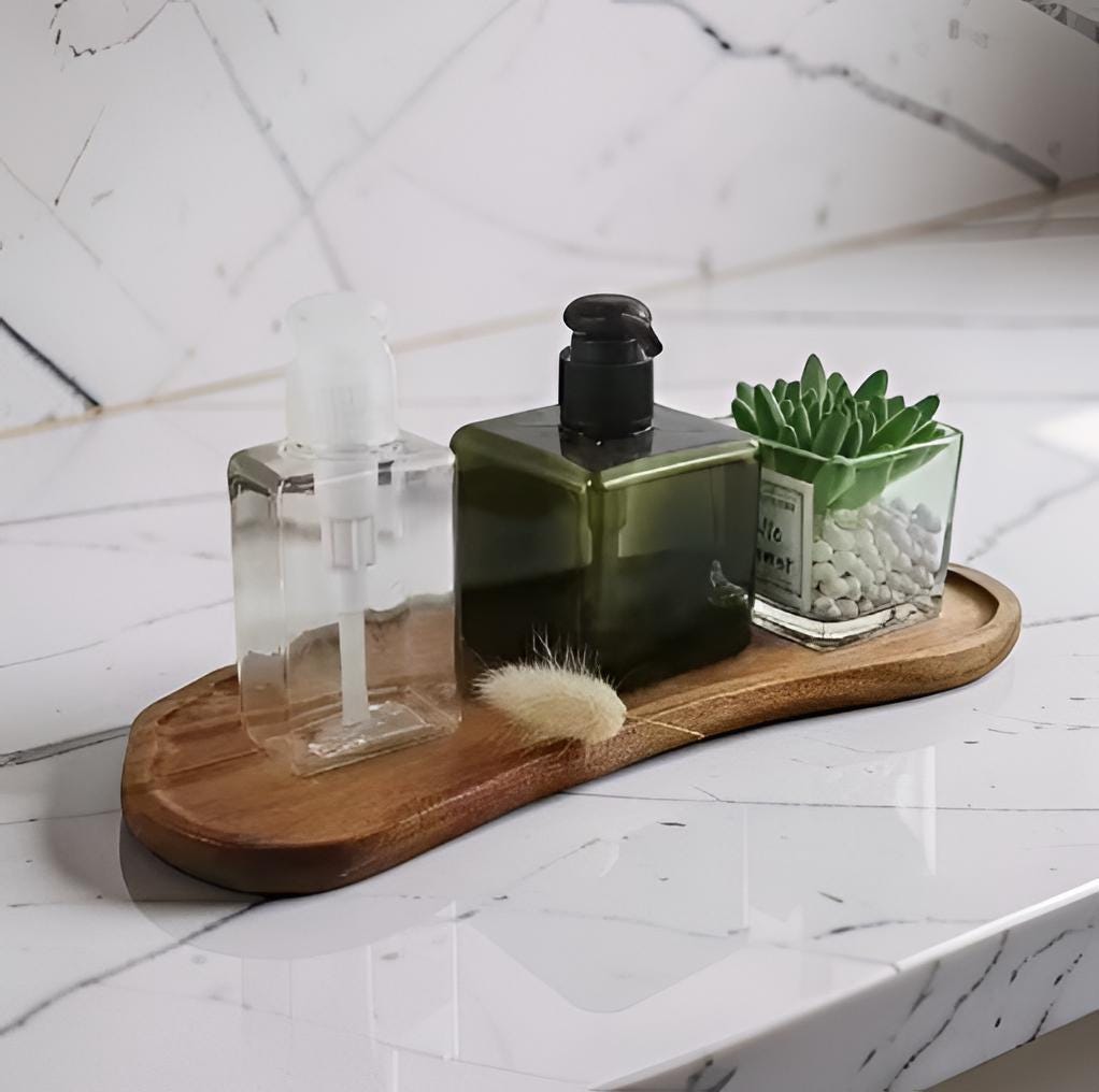 Handmade Wooden Serving Tray Organic Shape Acacia Wood Decorative Tray Rustic Kitchen Decor Artisan Catchall Vanity Tray Housewarming Gift