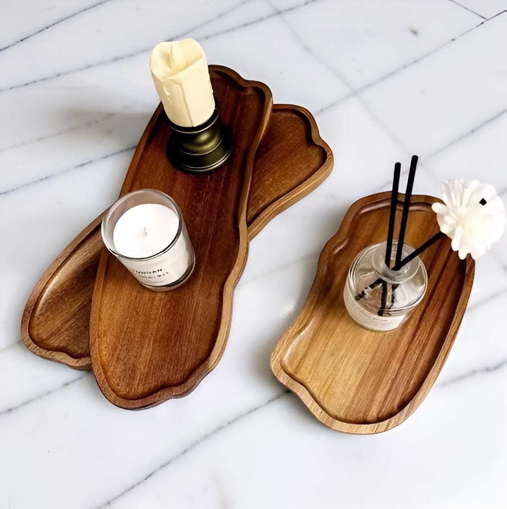 Handmade Wooden Serving Tray Organic Shape Acacia Wood Decorative Tray Rustic Kitchen Decor Artisan Catchall Vanity Tray Housewarming Gift