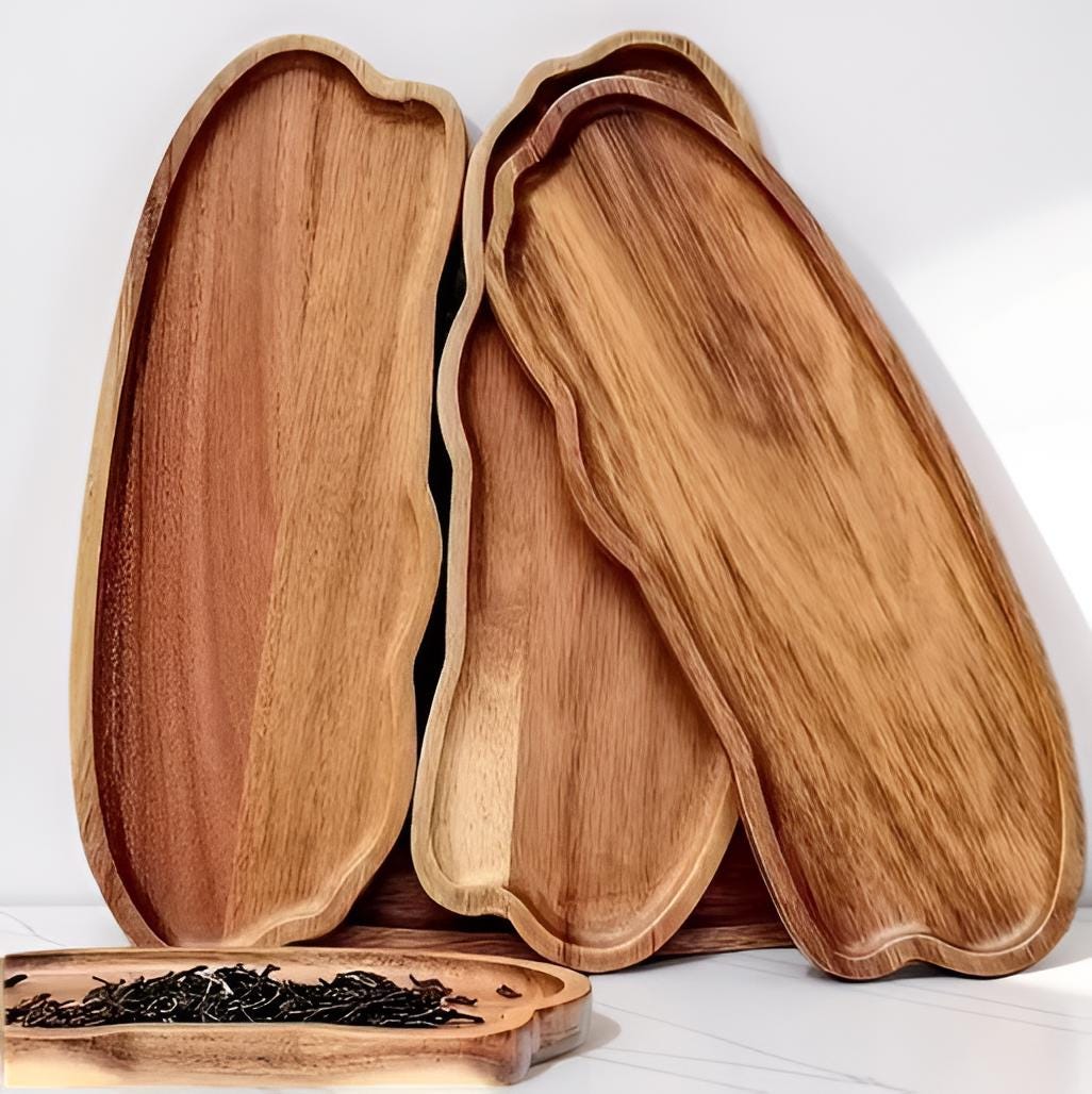 Handmade Wooden Serving Tray Organic Shape Acacia Wood Decorative Tray Rustic Kitchen Decor Artisan Catchall Vanity Tray Housewarming Gift