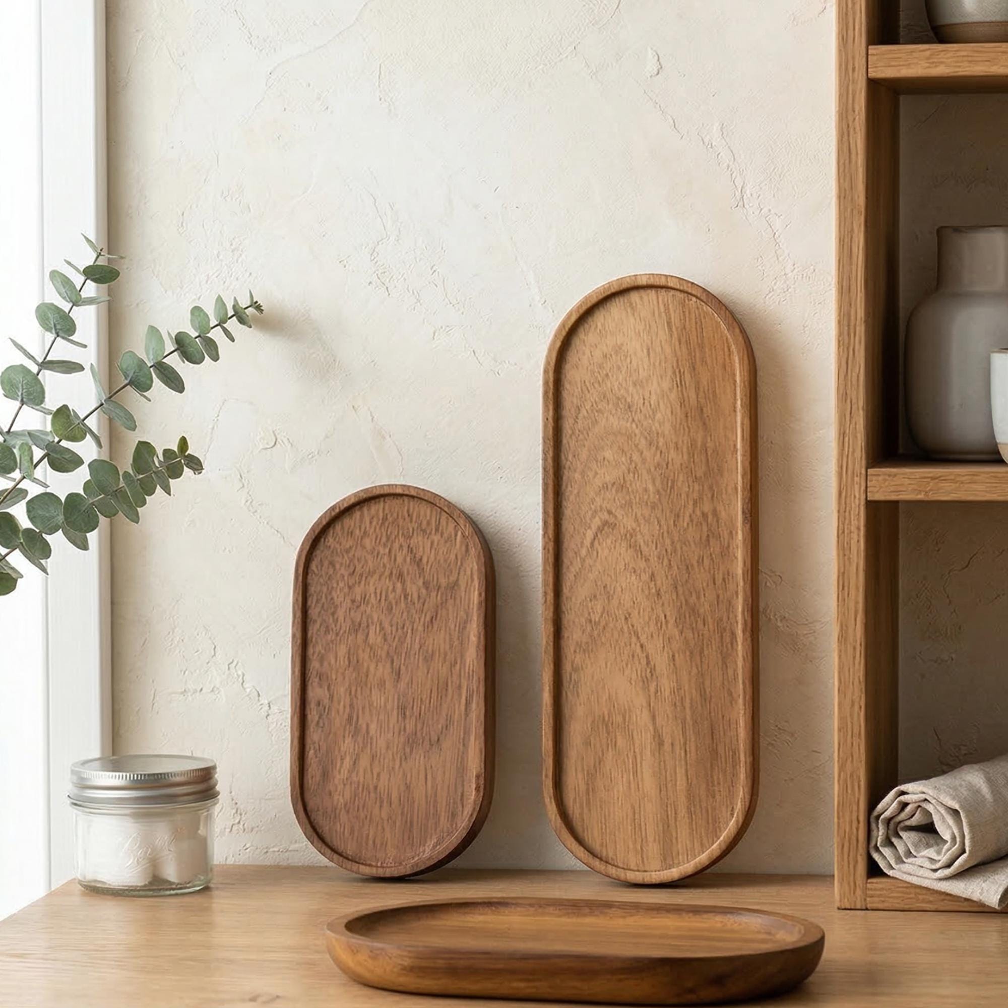 Japanese Style Acacia Wood Trays | Oval Serving Platters | Rustic Trinket Dishes For Entryway, Vanity Or Coffee Table