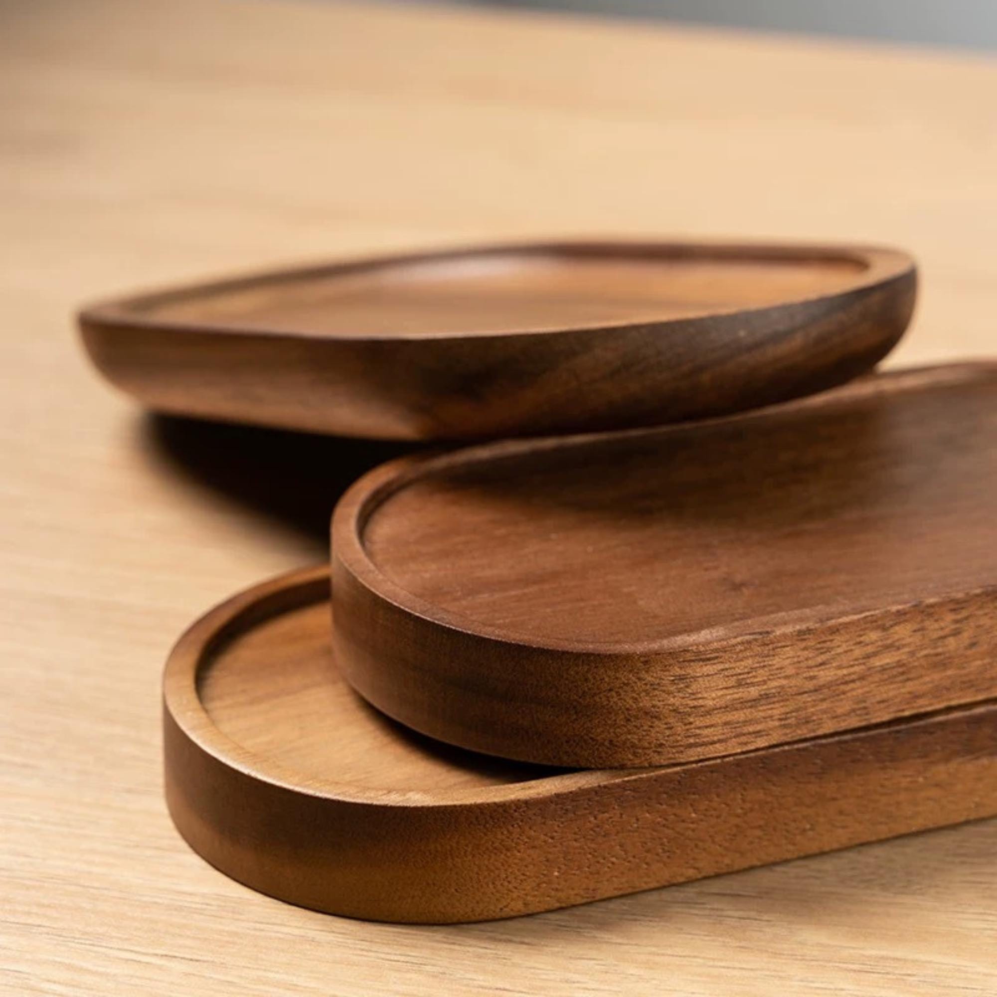 Japanese Style Acacia Wood Trays | Oval Serving Platters | Rustic Trinket Dishes For Entryway, Vanity Or Coffee Table