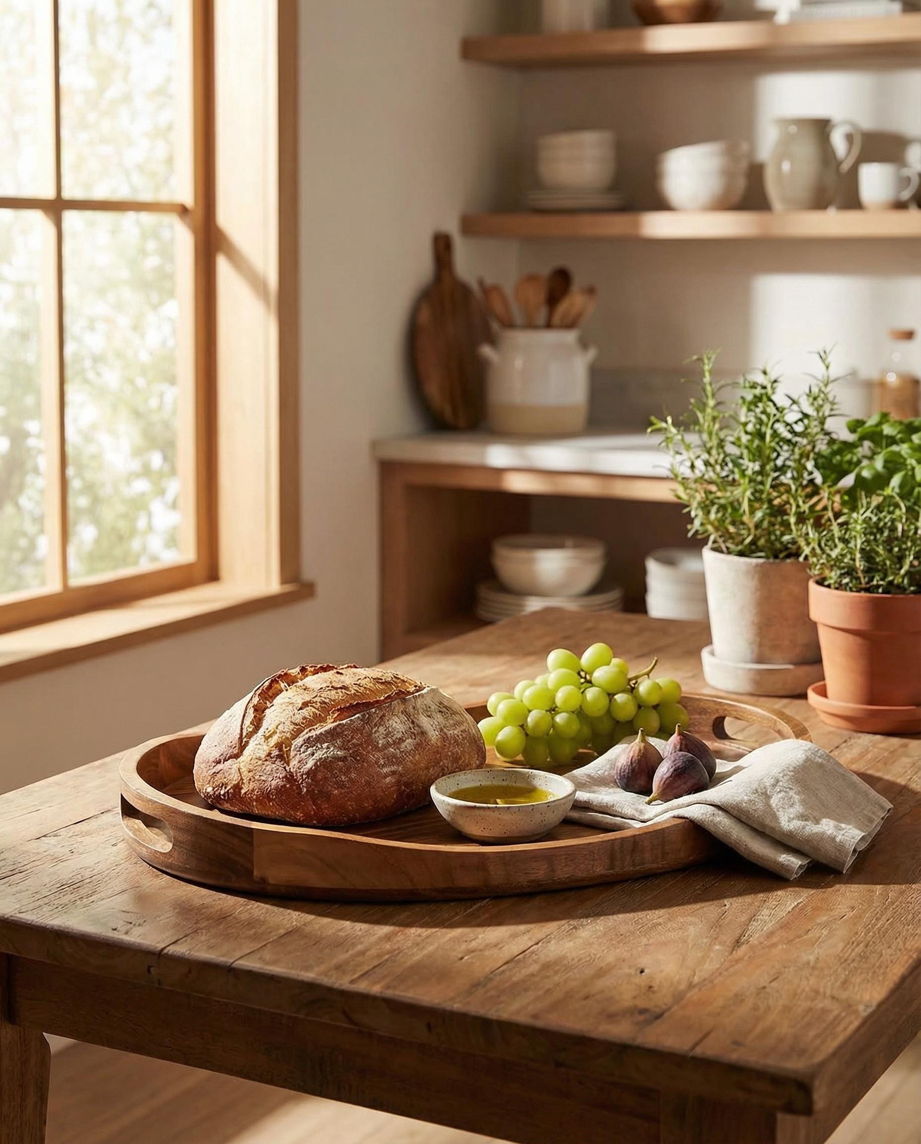 Round Acacia Wood Serving Tray 17 Inch With Handles Ottoman Coffee Table Decor