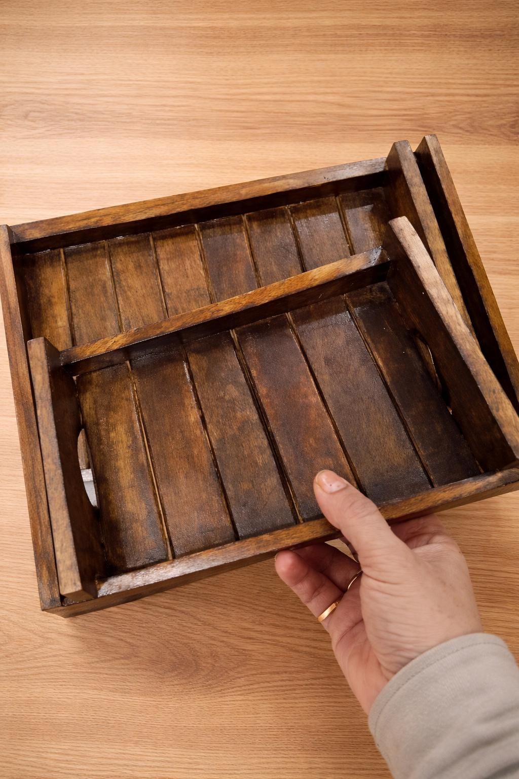 Handmade Wooden Serving Tray Set | Rustic Kitchen Organizer (set Of 3)