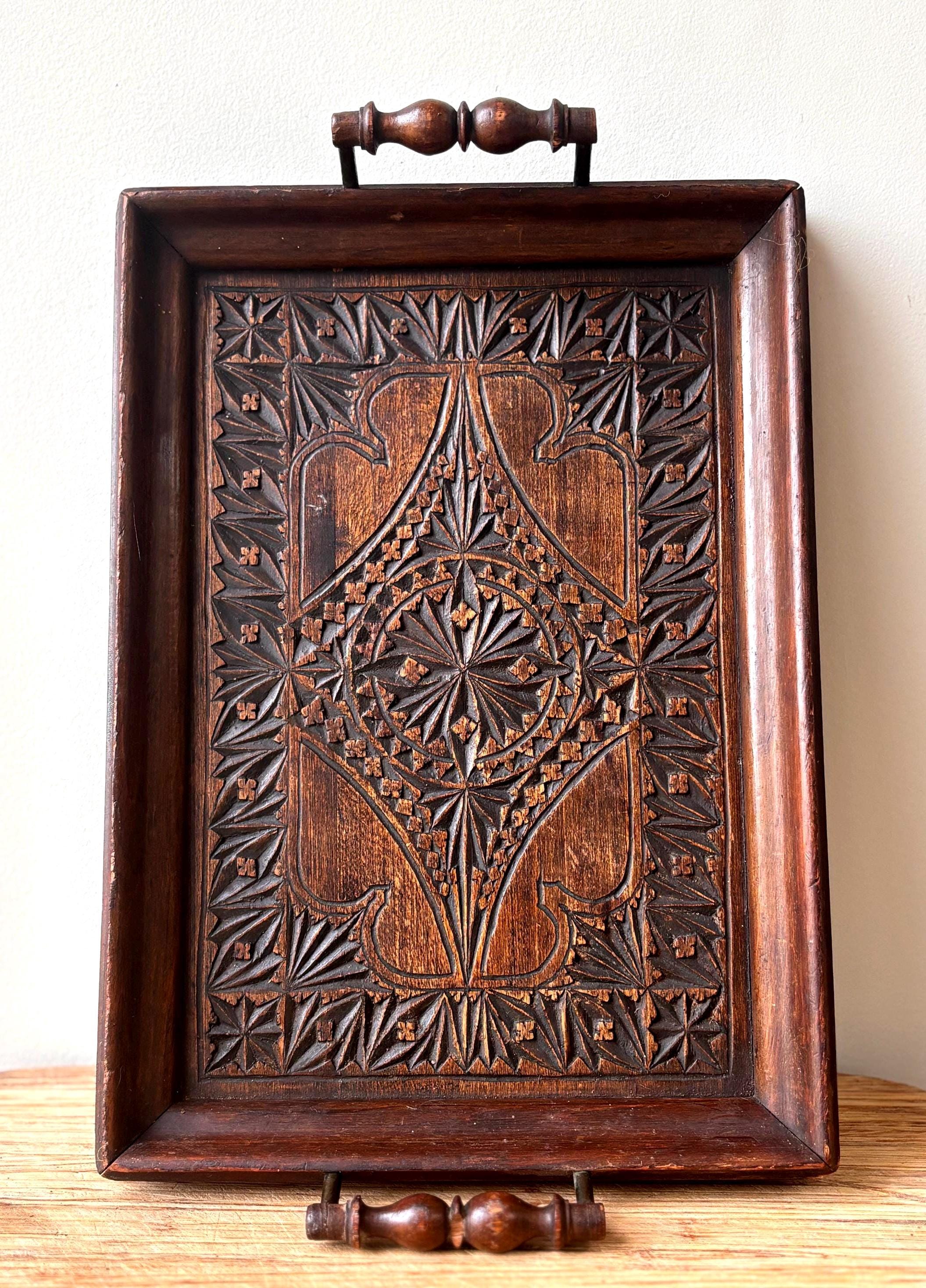 Vintage Marquetry Tray, Wooden Decorative Rustic Interior Piece. Rustic Natural Decor