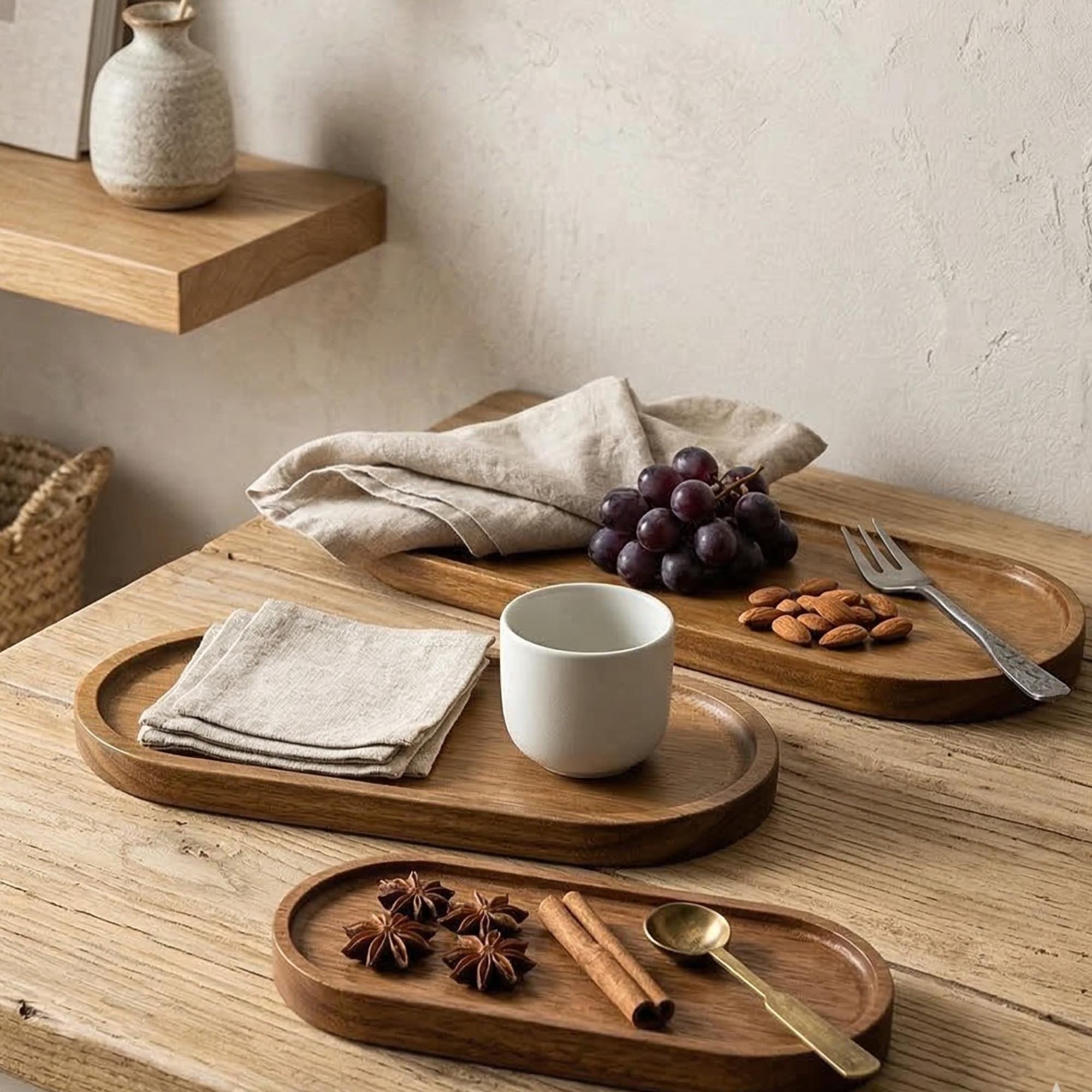 Japanese Style Acacia Wood Trays | Oval Serving Platters | Rustic Trinket Dishes For Entryway, Vanity Or Coffee Table