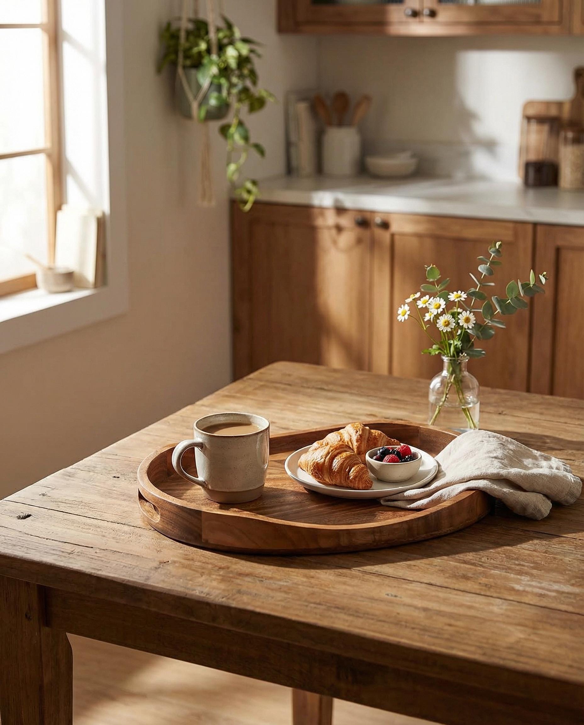 Round Acacia Wood Serving Tray 17 Inch With Handles Ottoman Coffee Table Decor