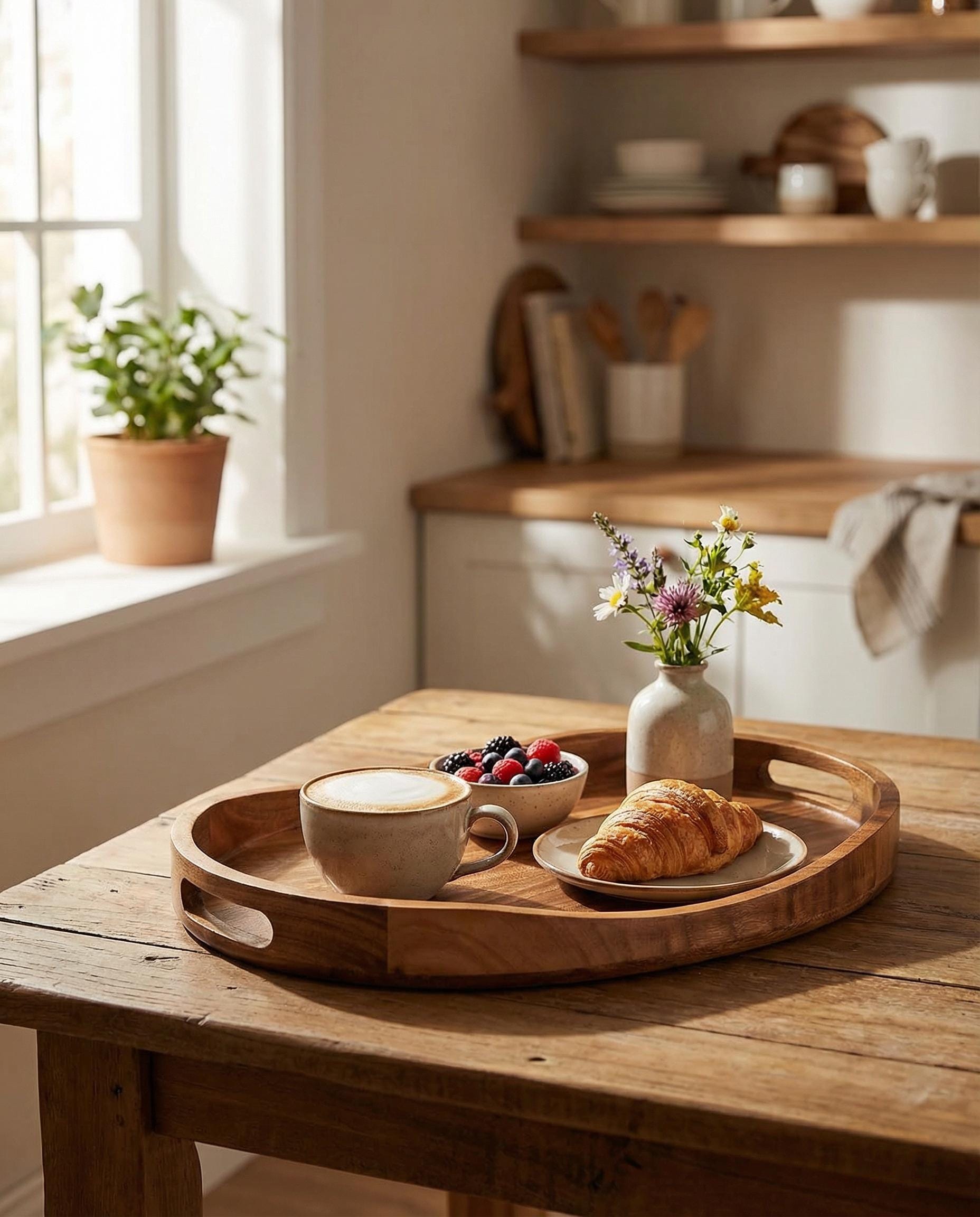 Round Acacia Wood Serving Tray 17 Inch With Handles Ottoman Coffee Table Decor